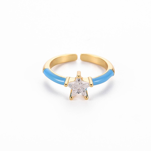 

PandaHall Brass Enamel Cuff Rings, Open Rings, Solitaire Rings, with Clear Cubic Zirconia, Nickel Free, Star, Golden, Dodger Blue, US Size 7...