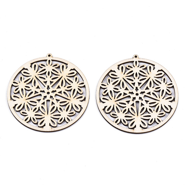 

PandaHall Undyed Natural Wooden Big Pendants, Laser Cut Shapes, Flower with Ring, Antique White, 71x68x2mm, Hole: 1.8mm Wood Flower