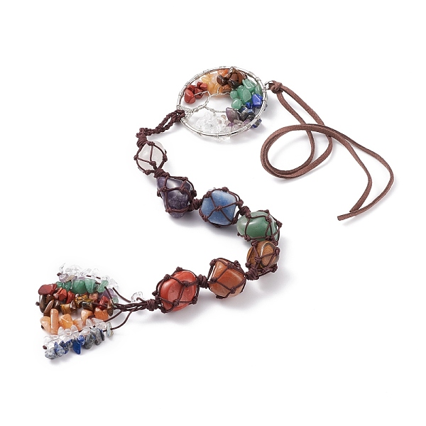 

PandaHall Chakra Natural Mixed Gemstone Woven Pendant Decorations, with Brass Linking Rings & Faux Suede Cord, Tree of Life, 585mm Mixed...