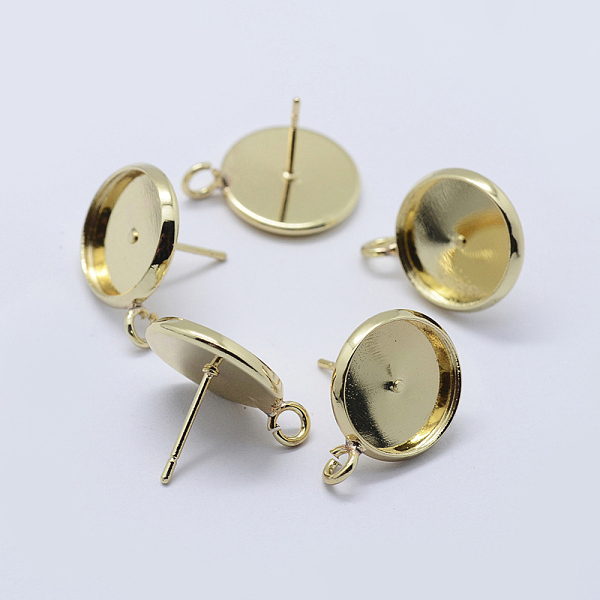

PandaHall Brass Stud Earring Settings, with Loop, Flat Round, Golden, Tray: 12mm, 17~18x14mm, Hole: 2mm, Pin: 0.8mm Brass Flat Round