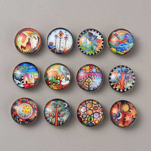 

PandaHall Brass Jewelry Snap Buttons, with Glass Cabochons, Half Round, House Pattern, 19x9.5mm, 12pcs/set Brass+Glass House