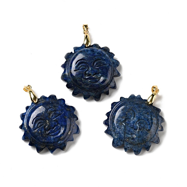 

PandaHall Natural Lapis Lazuli Pendants, with Golden Tone Brass Findings, Lead Free & Cadmium Free, Sun with Smiling Face, Dyed...
