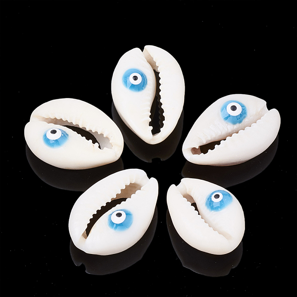 

PandaHall Cowrie Shell Beads, with Enamel, No Hole/Undrilled, Eye, Deep Sky Blue, 20~25x14~16x5~7mm Cowrie Shell Shell Shape Blue