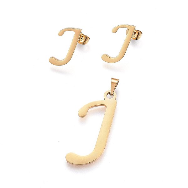 

PandaHall 304 Stainless Steel Pendants and Stud Earrings Jewelry Sets, Alphabet, Letter.J, 32x13.5x1.5mm, Hole: 6x3mm, 17x8x1.5mm, Pin...