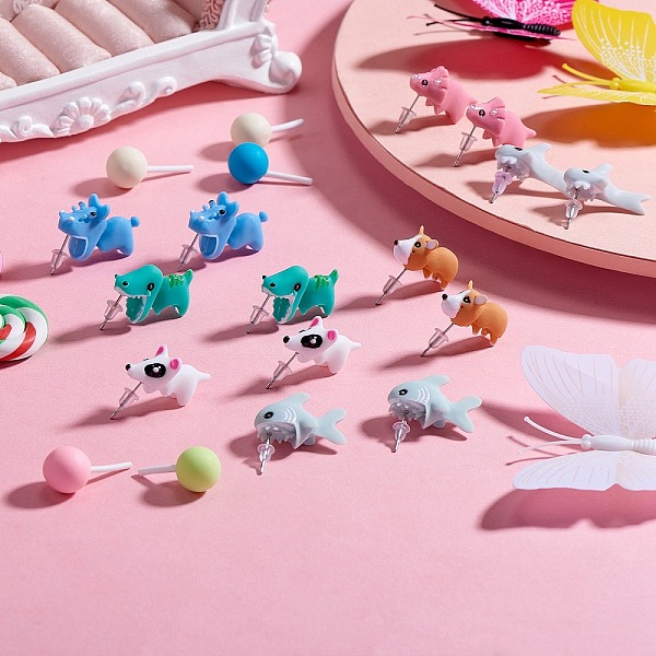 

PandaHall 7Pair 7 Style Cute Animal Resin Stud Earrings, Dinosaur & Whale & Dog & Hippo & Shark Earrings for Women, Mixed Color..., Multicolor