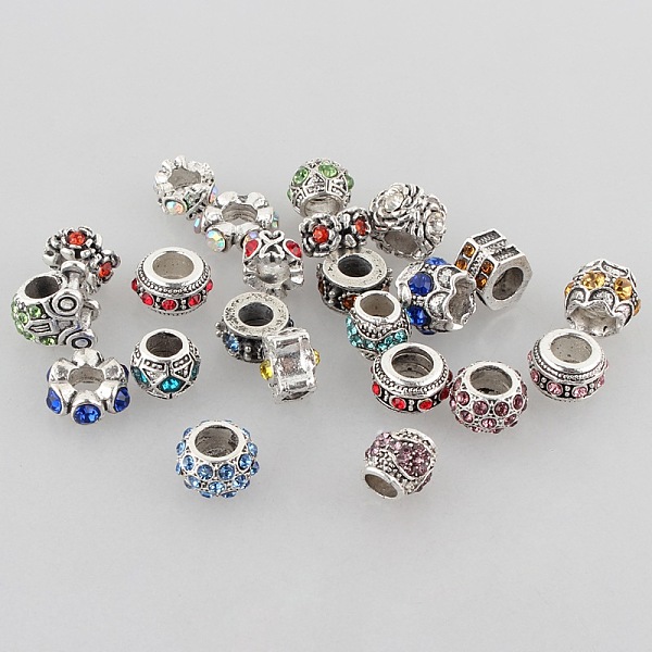 Mixed Style Antique Silver Zinc Alloy Rhinestone Large Hole Beads