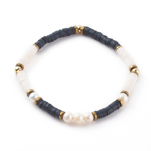 

PandaHall Polymer Clay Heishi Beaded Stretch Bracelets, with Natural Pearl Beads and Non-magnetic Synthetic Hematite Beads, Black, Inner...