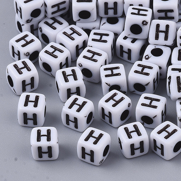 

PandaHall White Opaque Acrylic Beads, Horizontal Hole, Cube with Black Alphabet, Letter.H, 4~5x4~5x4~5mm, Hole: 1.8mm, about 240pcs/20g...