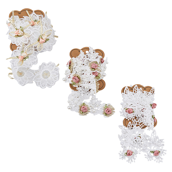 

PandaHall DICOSMETIC 3 Yards 3 Styles Polyester Handmade Flower Lace Ribbons, Flower Lace Trim, with Plastic Beads, for Garment Accessories..., Multicolor