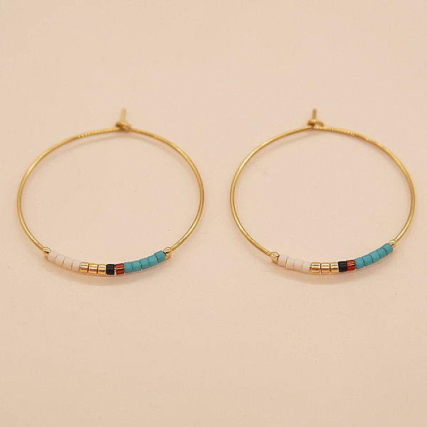 

PandaHall Glass Seed Beaded Hoop Earrings, Boho Beach Earrings, Dark Turquoise, 30x30mm Glass Ring