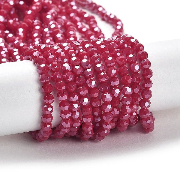 

PandaHall Electroplate Opaque Glass Beads Strands, Faceted(32 Facets), Pearl Luster Plated, Round, Cerise, 4mm, Hole: 0.7mm, about..., Red