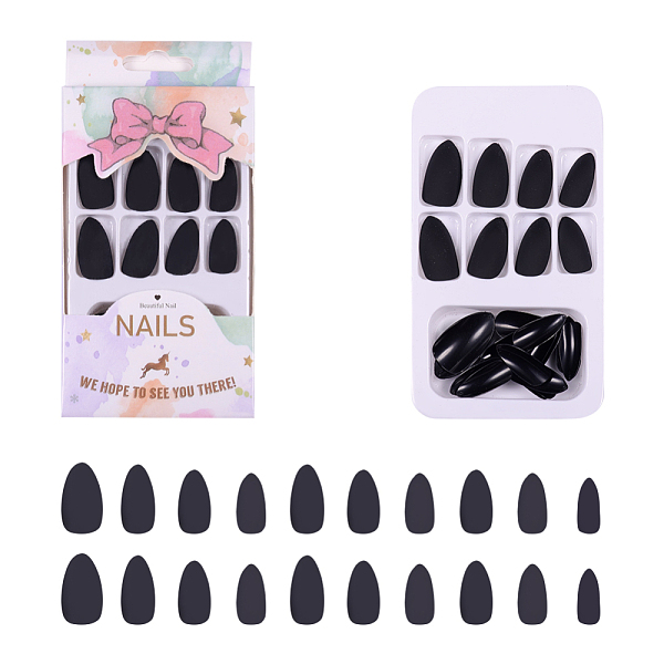 PandaHall Plastic False Nail Tips, Practice Manicure Nail Art Tool, Black, 18~24x7~14mm, about 24pcs/box Plastic Black