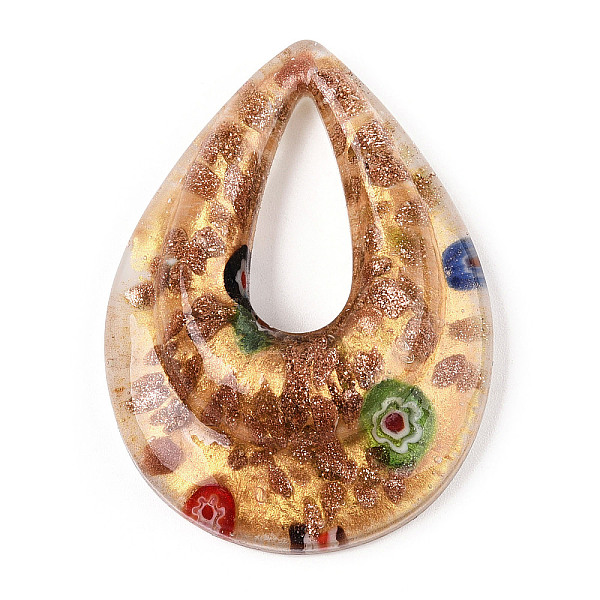 

PandaHall Handmade Gold Sand Lampwork Big Pendants, Inside Millefiori Glass, Teardrop, White, 52.5x39x12mm, Hole: 25x10mm Lampwork Teardrop...