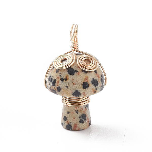 

PandaHall Natural Dalmatian Jasper Copper Wire Wrapped Pendants, Mushroom with Vortex Charm, Light Gold, 29x16.5mm, Hole: 3~4mm Dalmatian...