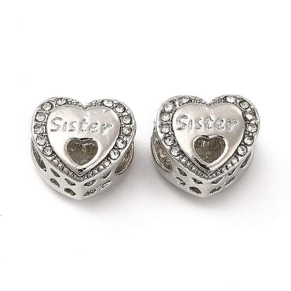 

PandaHall Rack Plating Alloy Rhinestone European Beads, Large Hole Beads, Heart with Word Sister, Platinum, 10.5x12x8.5mm, Hole: 4.5x5mm..., Clear
