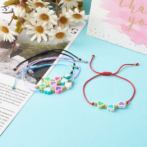 

PandaHall Adjustable Nylon Thread Cord Bracelets, with Handmade Polymer Clay Heart Beads and Iron Beads, Mixed Color, Inner Diameter..., Multicolor