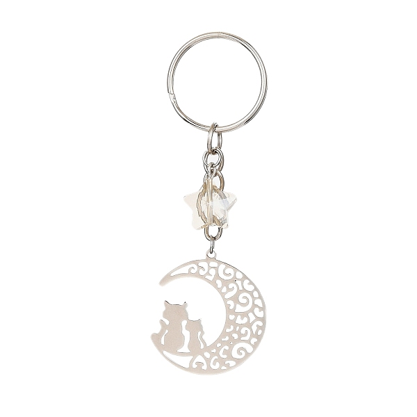 

PandaHall Stainless Steel Hollow Moon Cat Keychains, with Iron Keychain Ring and Star Glass Pendant, Stainless Steel Color, 8.7cm Stainless...