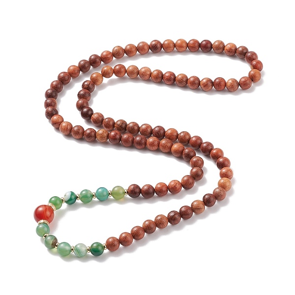 

PandaHall Buddhist Necklace, Natural Wood & Striped Agate/Banded Agate & Carnelian Round Beaded Necklace for Women, Saddle Brown, 30.71 inch..., Multicolor