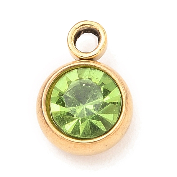 

PandaHall 304 Stainless Steel Charms, with Acrylic Rhinestone, Birthstone Charms, Faceted, Flat Round, Golden, Peridot, 8.2x6x3.5mm, Hole..., Green