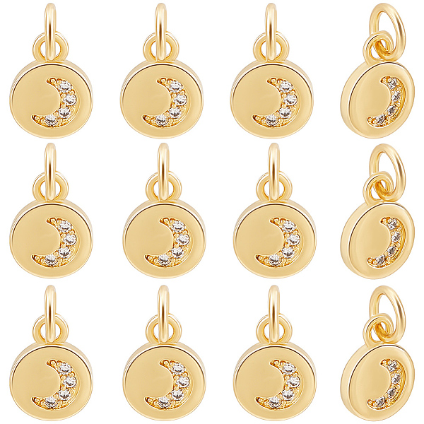 

PandaHall Beebeecraft 20Pcs Brass Micro Pave Clear Cubic Zirconia Charm, Long-Lasting Plated, Flat Round with Moon Charm, Real 18K Gold...
