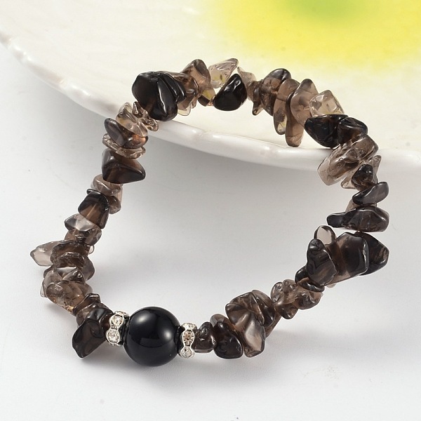 

PandaHall Chips Natural Smoky Quartz Beaded Stretch Bracelets, with Brass Rhinestone Findings, Silver Color Plated, 59mm Smoky Quartz Clear