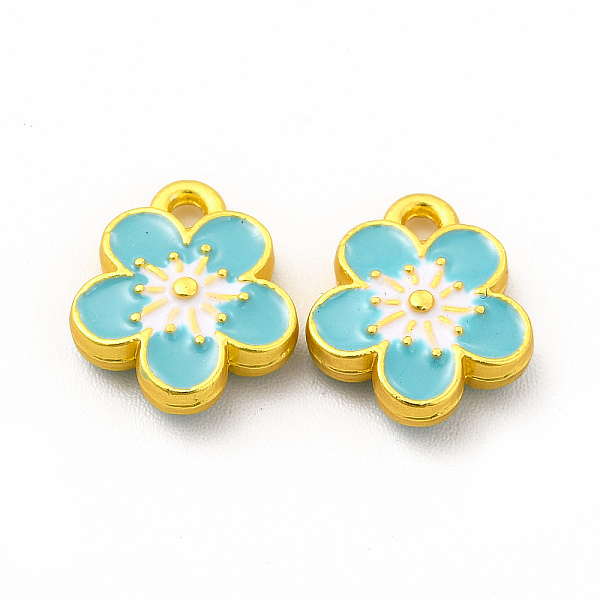 

PandaHall Rack Plating Alloy Enamel Pendants, Matte Gold Color, Flower Charm, Aqua, 12x10x3mm, Hole: 1.4mm Alloy+Enamel Flower Cyan