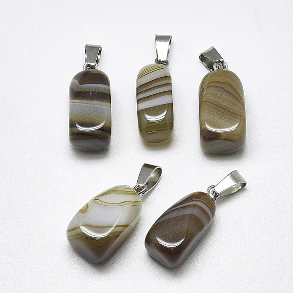 

PandaHall Natural Banded Agate/Striped Agate Pendants, Dyed, with Stainless Steel Snap On Bails, Cuboid, Stainless Steel Color, Coffee..., Brown