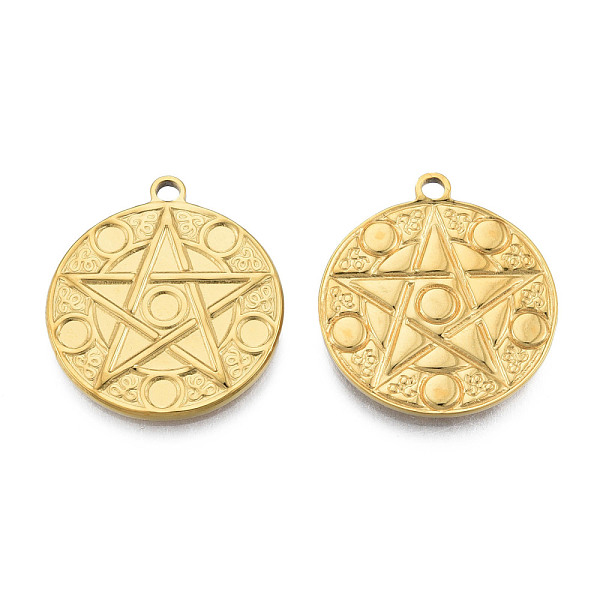 

PandaHall Ion Plating(IP) 201 Stainless Steel Pendants, Flat Round with Star, Real 18K Gold Plated, 28.5x25x2mm, Hole: 2mm 201 Stainless...