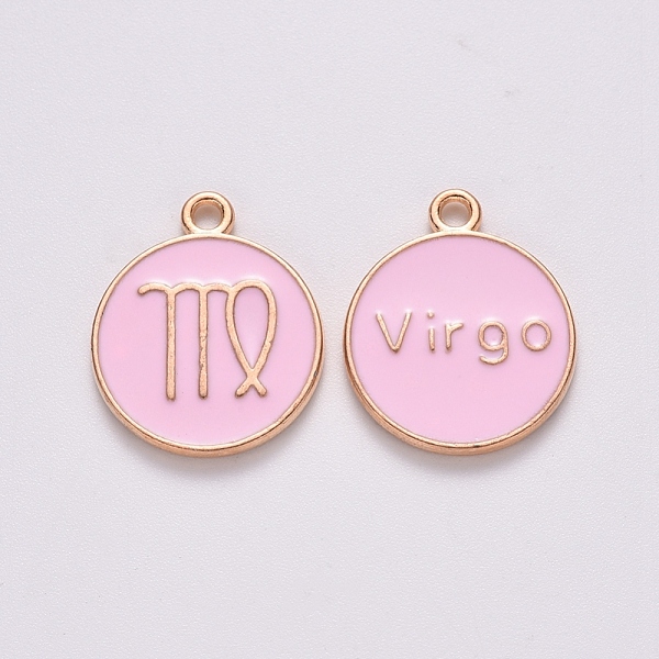 

PandaHall Alloy Enamel Pendants, Cadmium Free & Lead Free, Flat Round with Constellation, Light Gold, Pink, Virgo, 15x12x2mm, Hole: 1.5mm...