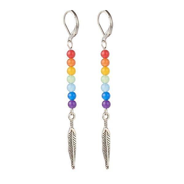 PandaHall Natural Malaysia Jade with Alloy Feather Long Dangle Leverback Earrings, 7 Chakra Gemstone Jewelry for Women, Antique Silver, 80mm...