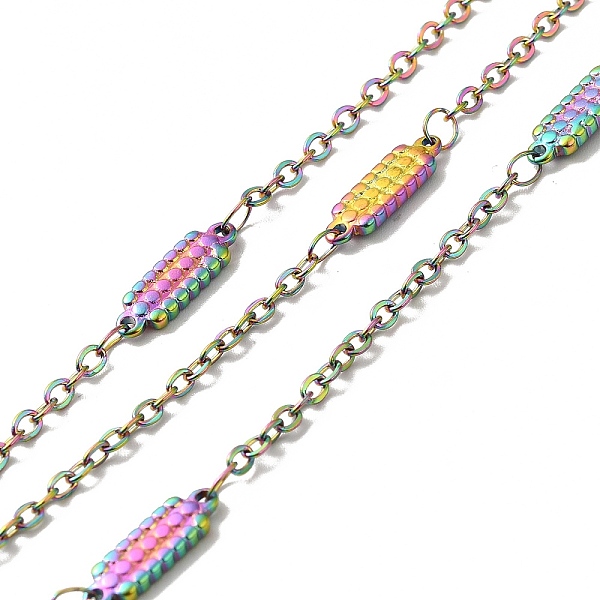 

PandaHall Ion Plating(IP) 304 Stainless Steel Rectangle Link Chains, with Spool, Soldered, Rainbow Color, 14x4x1.5mm, 2.5x2x0.3mm, about...