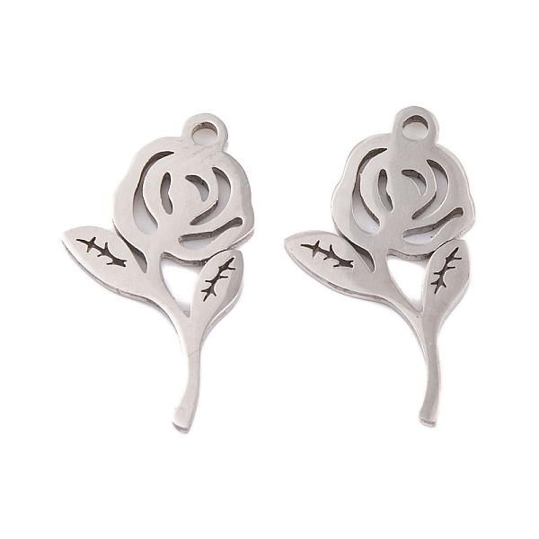 

PandaHall 5Pcs 201 Stainless Steel Pendants, Laser Cut, Rose Charm, Stainless Steel Color, 17x10x1mm, Hole: 1.2mm 201 Stainless Steel Flower