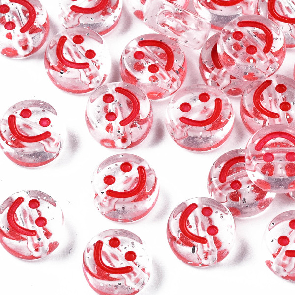 

PandaHall Transparent Acrylic Beads, Horizontal Hole, with Glitter Powder & Enamel, Flat Round with Smile Face, Red, 10x5mm, Hole: 2mm...