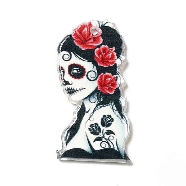 

PandaHall Halloween Acrylic Pendants, Skullgirls with Flower Charms, Red, 35.5x18x2.2mm, Hole: 1.8mm Acrylic Skull Red