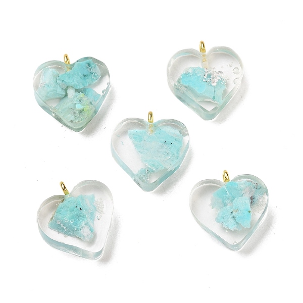 

PandaHall Transparent Resin Natural Chrysocolla Jasper Dyed Chips Pendants, with Golden Tone Brass Loops, Heart Charm, Turquoise..., Green