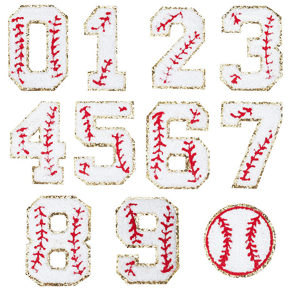 PandaHall 11 Pcs Number Iron on Patches, 0-9 Numbers Flat Tennis Shaped Applique Chenille Patches Embroidered Gold Baseball Style Patch for...