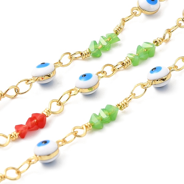 

PandaHall Handmade Brass Enamel Flat Round with Evil Eye Link Chains, Glass Beaded Chains, Real 18K Gold Plated, Soldered, with Spool..., Multicolor