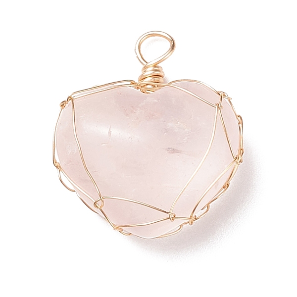 

PandaHall Natural Rose Quartz Pendants, with Real 18K Gold Plated Copper Wire Wrapped, Heart, 27.5x23.5x11mm, Hole: 3.8mm Rose Quartz Heart