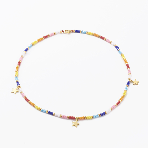 

PandaHall 304 Stainless Steel Star Pendant Necklaces, with Round Glass Seed Beads, Golden, Colorful, 16.54 inch(42cm) Seed Beads