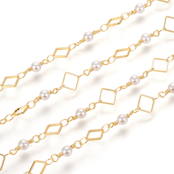 

PandaHall 3.28 Feet Brass Handmade Beaded Chain, with Round Glass Beads, Long-Lasting Plated, Soldered, Rhombus, Real 18K Gold Plated, Link..., White