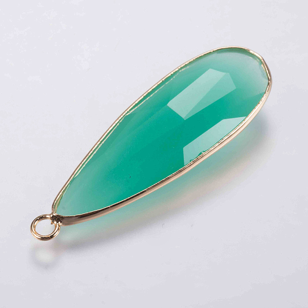 

PandaHall Glass Pendants, with Brass Finding, Faceted, teardrop, Golden, Medium Turquoise, 43x14x5.5mm, Hole: 2mm Brass+Glass Teardrop Cyan