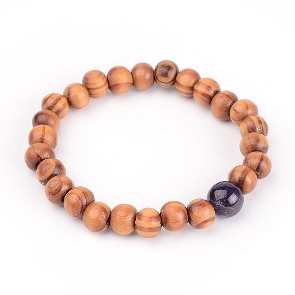 

PandaHall Wood Beaded Stretch Bracelets, with Natural Amethyst Beads, 53mm Amethyst