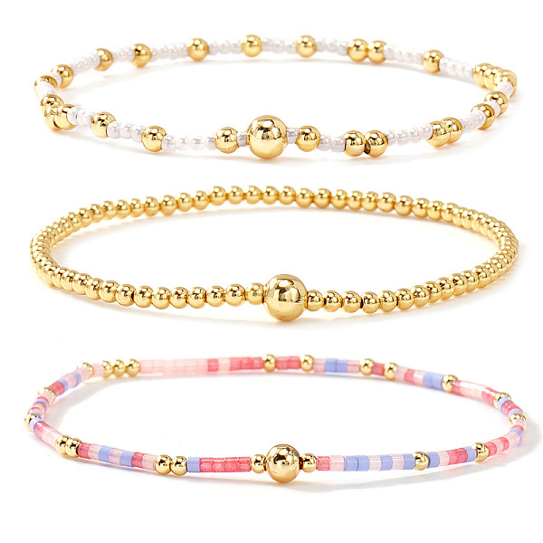 3Pcs 3 Styles Glass Seed Beads & Brass Beads Stretch Bracelets Set for Women