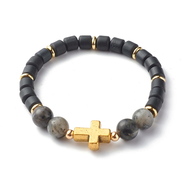

PandaHall Natural Larvikite Beads Stretch Bracelets, with Handmade Polymer Clay & Alloy Cross & Brass Beads, Black, 1/4 inch(0.6cm), Inner...