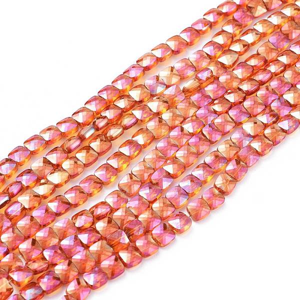 

PandaHall Electroplate Glass Beads Strands, Faceted, Square, Coral, 6.5x6.5x4mm, Hole: 1mm, about 100pcs/strand, 23.62~25.1 inch(60~63.7cm)..., Red