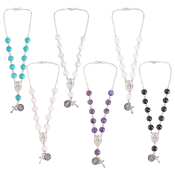 

PandaHall Gemstone Beads Pendant Decoration, with Virgin Mary & Cross Alloy Pendants and Brass Cable Chains, for Car Hanging Accessories...