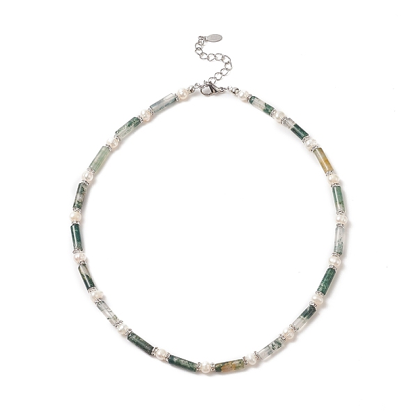 

PandaHall Natural Moss Agate & Pearl & Crystal Rhinestone Beaded Necklace for Women, 16.89 inch(42.9cm) Moss Agate