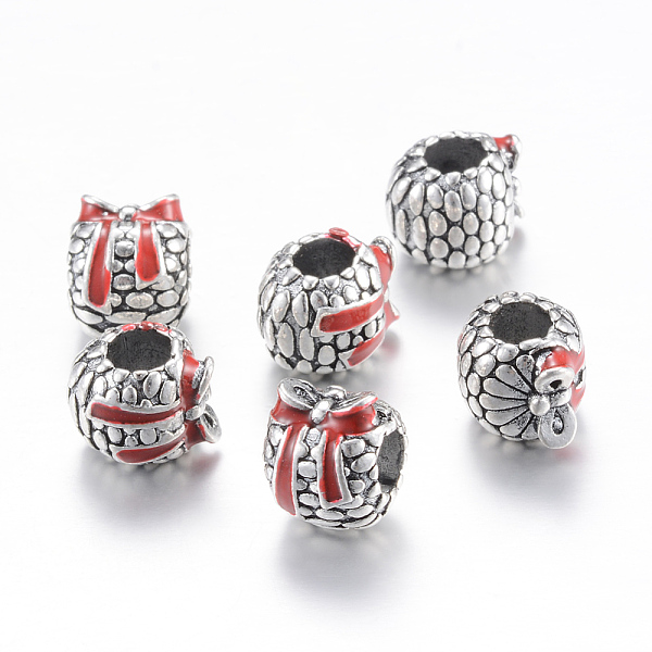 

PandaHall Alloy Enamel European Beads, Large Hole Beads, Rondelle with Bowknot, Antique Silver, FireBrick, 9.5x12x10mm, Hole: 4.5mm..., Red
