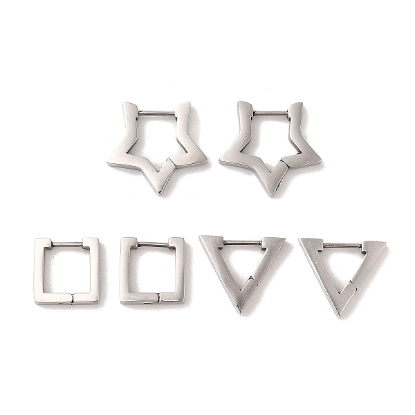 

PandaHall 3 Pairs 3 Styles 304 Stainless Steel Hoop Earrings for Women, Square & Star & Triangle, Stainless Steel Color, 12~17.5x3mm, 1...