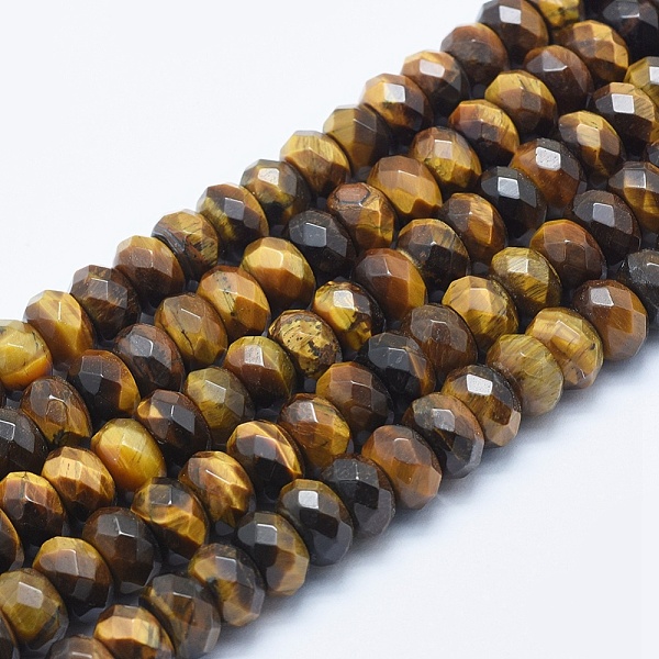 

PandaHall Natural Tiger Eye Beads Strands, Rondelle, Faceted, 10x6~6.5mm, Hole: 1mm, about 66pcs/strand, 16.14 inch(41cm) Tiger Eye Rondelle
